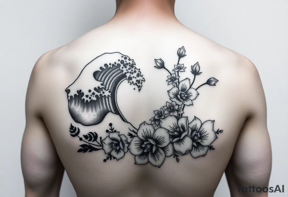 japanese waves and flowers tattoo idea