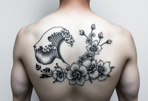japanese waves and flowers tattoo idea