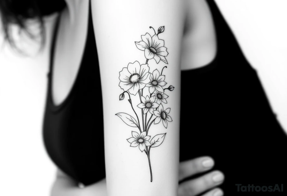 very simple Black and white tattoo with a bouquet from one stem featuring poppy flower, lily of the valley, daffodil, water lily, daisy, with less lines and detail tattoo idea