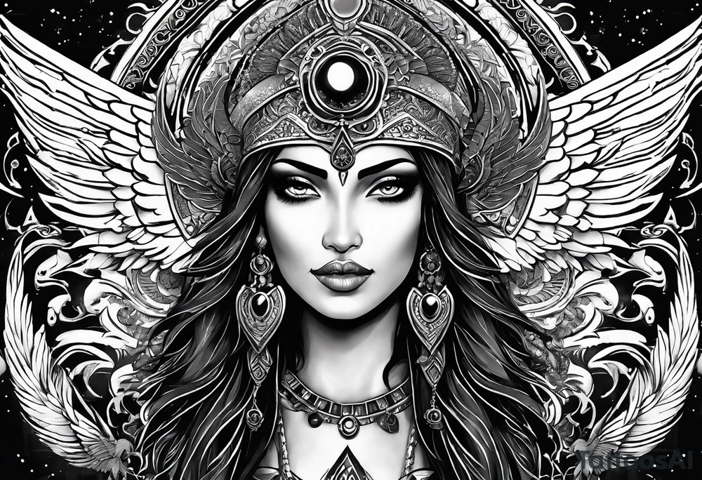 black kali, goddess pirate, alien, angel, pachamama, valkrye, warrior, skull, lotus azul, wing, eagle, zenza resonance, stars, 5D, anahata chakra tattoo idea