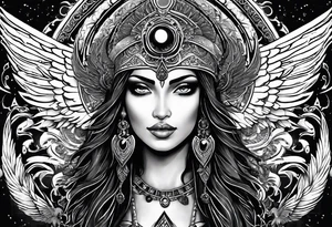 black kali, goddess pirate, alien, angel, pachamama, valkrye, warrior, skull, lotus azul, wing, eagle, zenza resonance, stars, 5D, anahata chakra tattoo idea