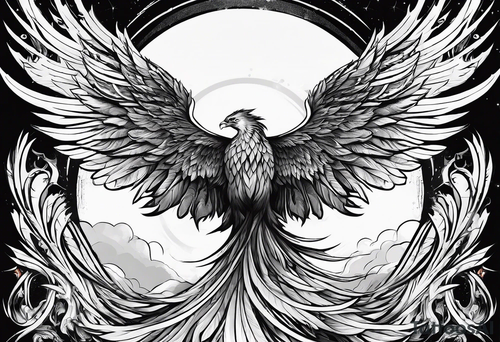 a phoenix rising from the ashes, with an angel opening its wings on the background tattoo idea
