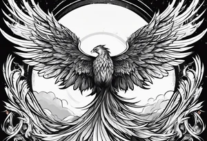 a phoenix rising from the ashes, with an angel opening its wings on the background tattoo idea