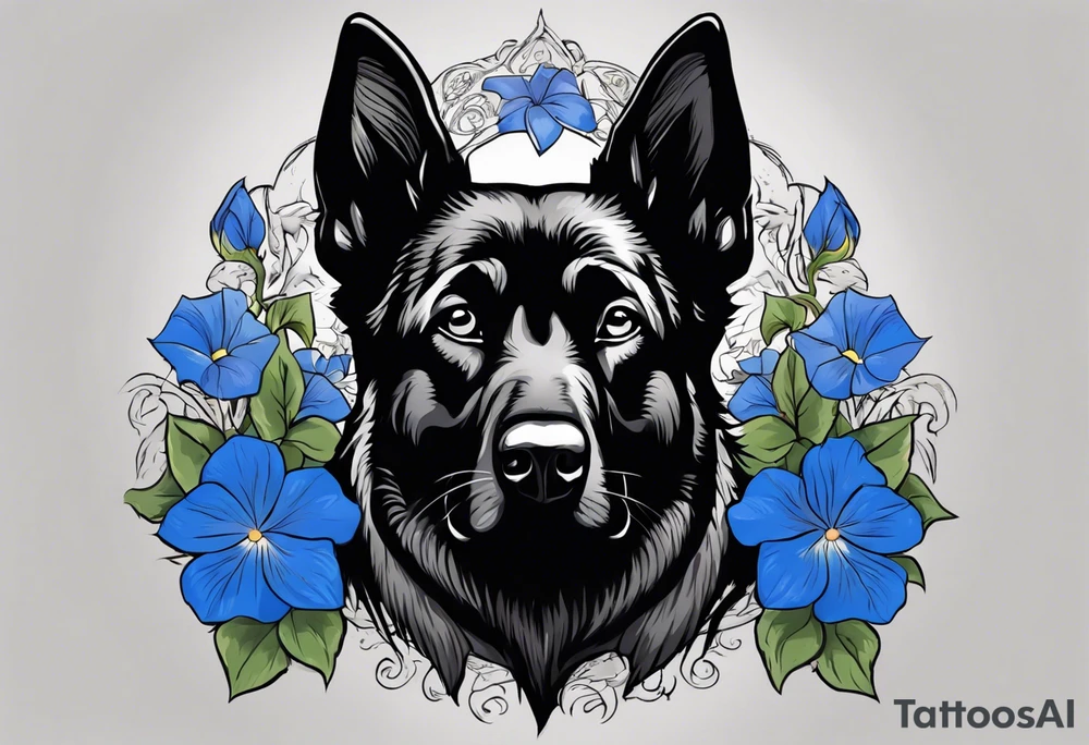 Black German shepherd face surrounded by blue morning glories tattoo idea