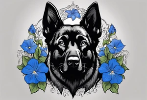 Black German shepherd face surrounded by blue morning glories tattoo idea