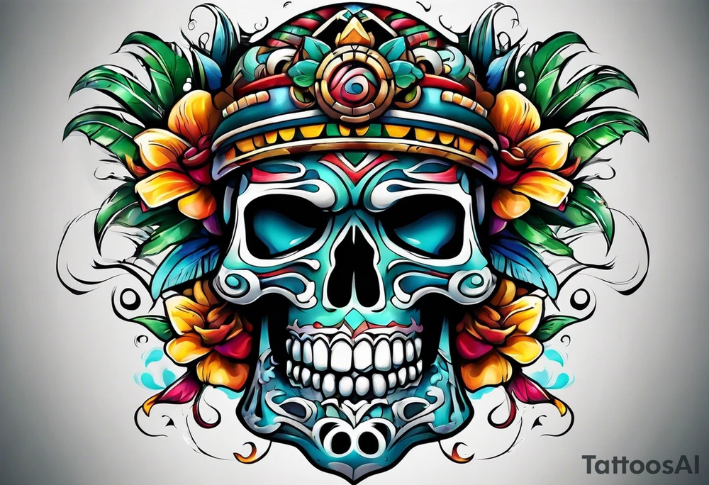 Colorful Mayan scull with water coming out of mouth tattoo idea