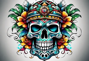 Colorful Mayan scull with water coming out of mouth tattoo idea