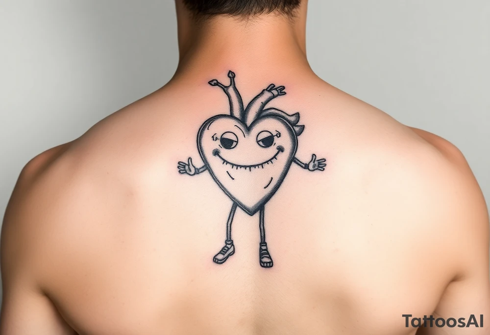 heart with a smirky face and human parts like hands and feet (stick figure like) the heart is jumping rope tattoo idea