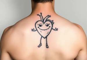 heart with a smirky face and human parts like hands and feet (stick figure like) the heart is jumping rope tattoo idea