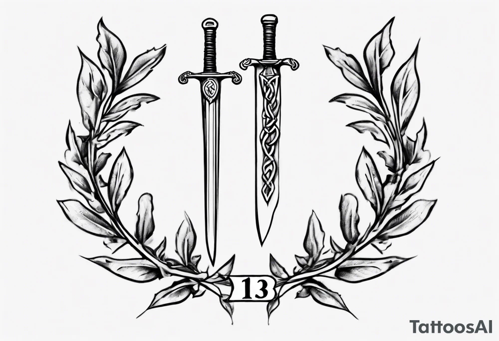 The number 13 in the middle of a laurel leaf wreath, a Celtic sword under the number. tattoo idea