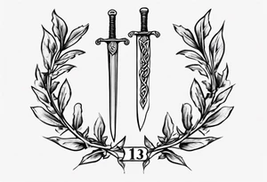 The number 13 in the middle of a laurel leaf wreath, a Celtic sword under the number. tattoo idea