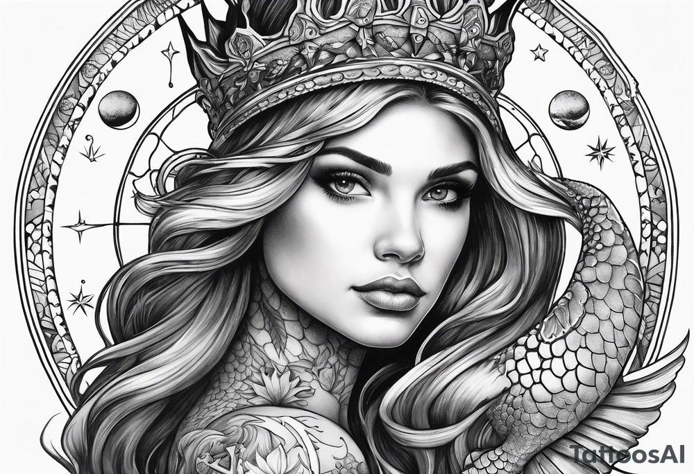 Mermaid with trident and crown, sea turtle, compass, cresent moon tattoo idea