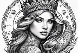Mermaid with trident and crown, sea turtle, compass, cresent moon tattoo idea