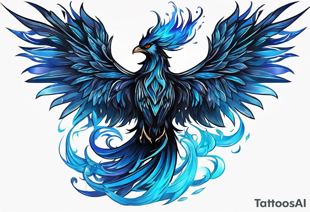 Phoenix Rising From The Ashes, Black And Blue Design With Blue Flame Hues tattoo idea