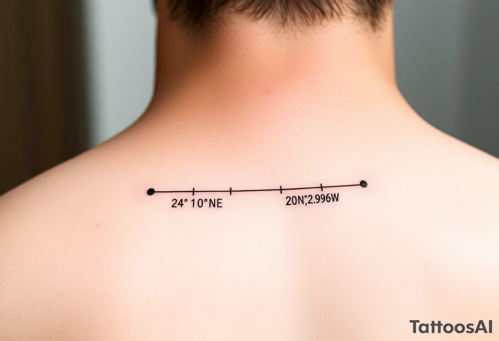 A minimal fine-line tattoo showing a straight thin timeline with two distinct dots. Under the first dot, place the coordinates "24°10′N, 20°16′E" and under the second, "53.4084°N, 2.9916°W". Keep the line and text subtle, clean, and modern. Optional: use tiny circle or dot above each coordinate to show moments in time. tattoo idea