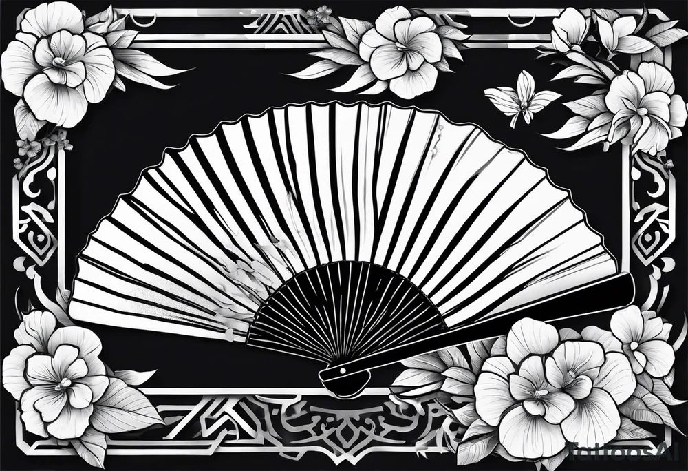 All Black Japanese fan with flowers behind it tattoo idea