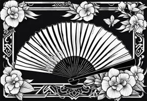 All Black Japanese fan with flowers behind it tattoo idea