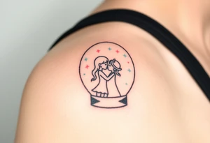 A tender kiss captured inside a glass snow globe, with soft pastel pink and light blue sparkles tattoo idea