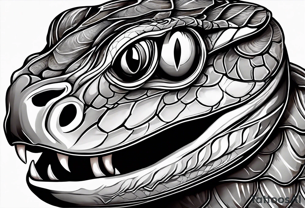 Copperhead with just the head turned up and mouth open and black and white with copper colored eyes tattoo idea