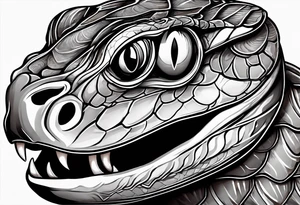 Copperhead with just the head turned up and mouth open and black and white with copper colored eyes tattoo idea