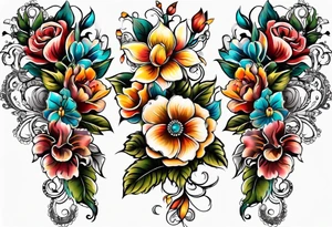 Floral leg piece with beading and lace tattoo idea. colorful, old school flowers, highly detailed, florals. white background. intricate highly detailed, tattoo idea