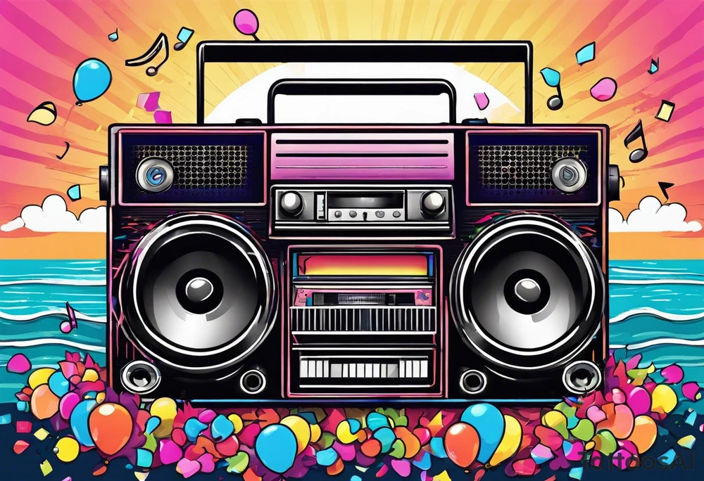 1980's style big boom box mith confetti, and music notes against miami vice style beach background, include sexy party goers tattoo idea