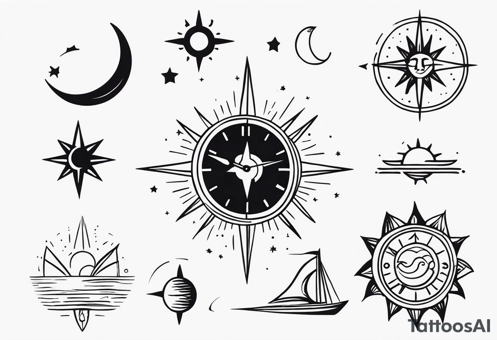 Very Simple tattoo combining elements of time, travel, sun and moon, and direction. It should take only an hour to finish. tattoo idea