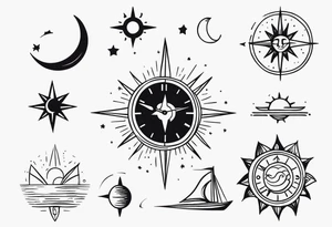 Very Simple tattoo combining elements of time, travel, sun and moon, and direction. It should take only an hour to finish. tattoo idea