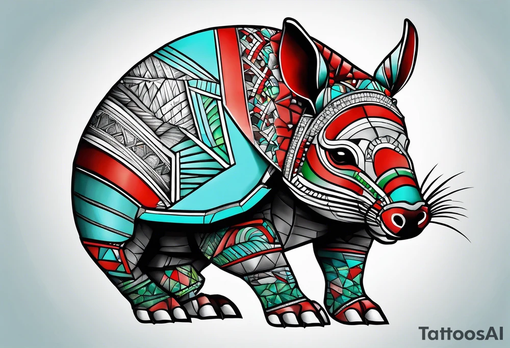 geometric style tattoo on knee with baby blue, red, and green accents. armadillo tattoo idea
