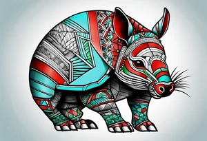 geometric style tattoo on knee with baby blue, red, and green accents. armadillo tattoo idea