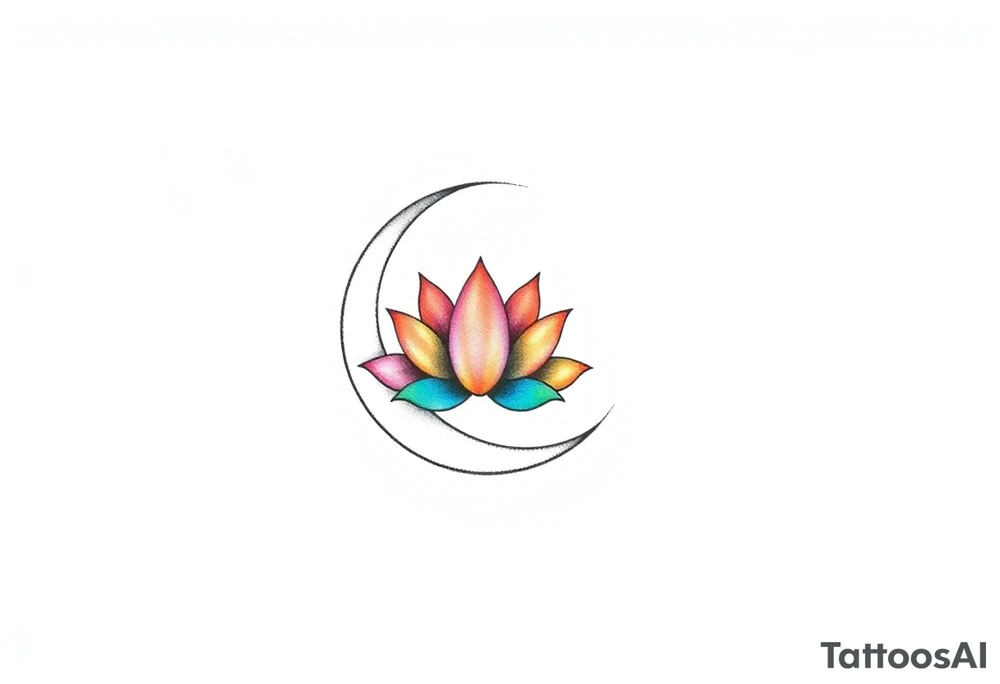 small colorful crescent moon with lotus flower tattoo idea