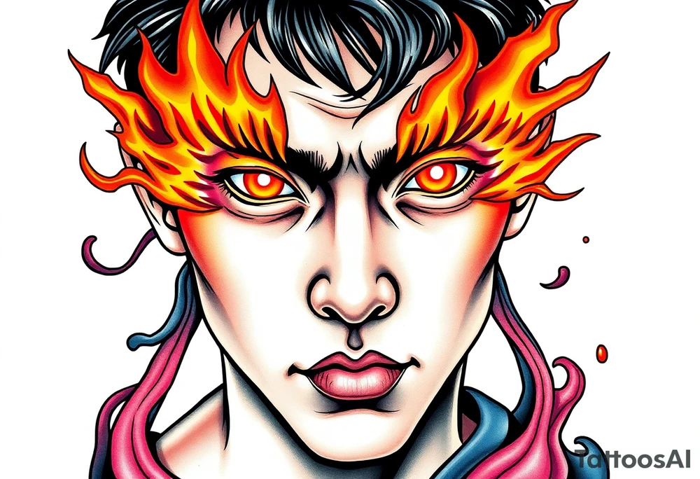 Handsome Asian young guy with burning eyes tattoo idea