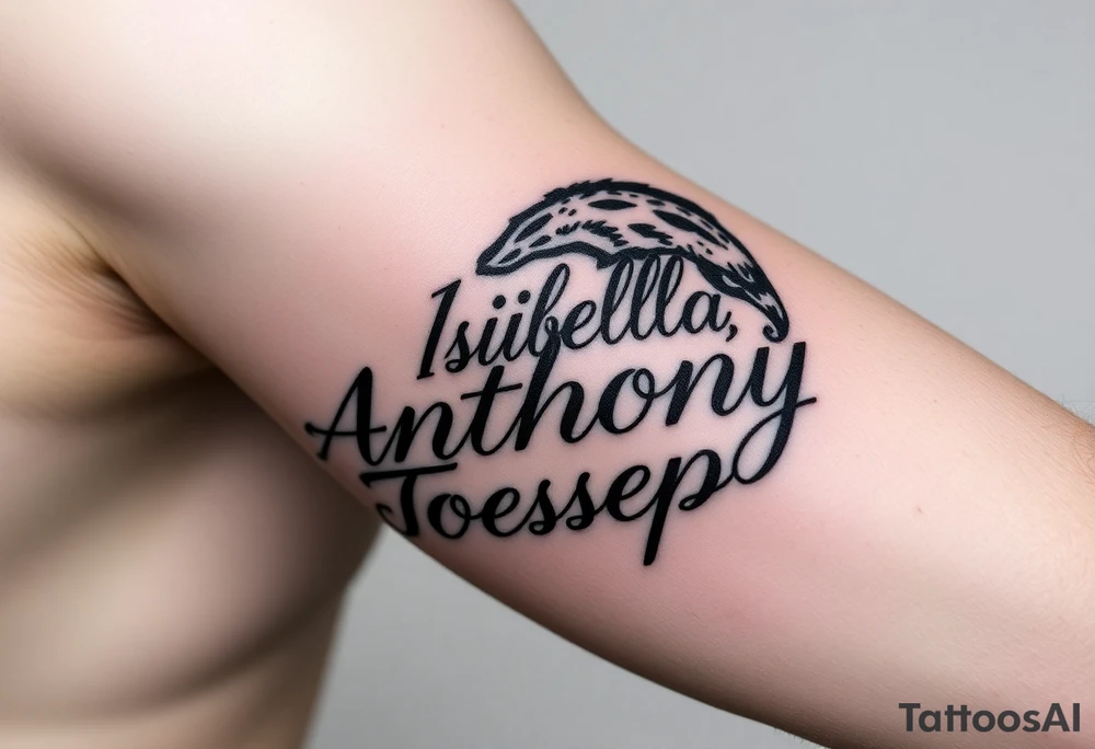 Writing of siblings names with animal. 
Names are, Isabella, Anthony, Joeseph tattoo idea