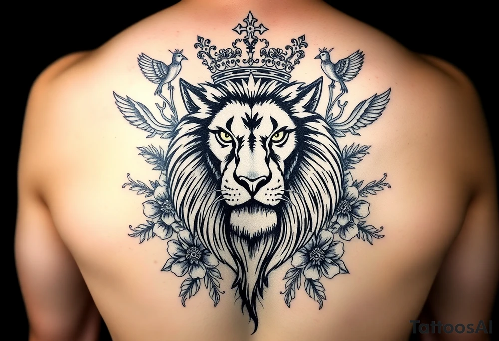 powerful majestic lion with a crown, surrounded by floral ornaments and birds tattoo idea