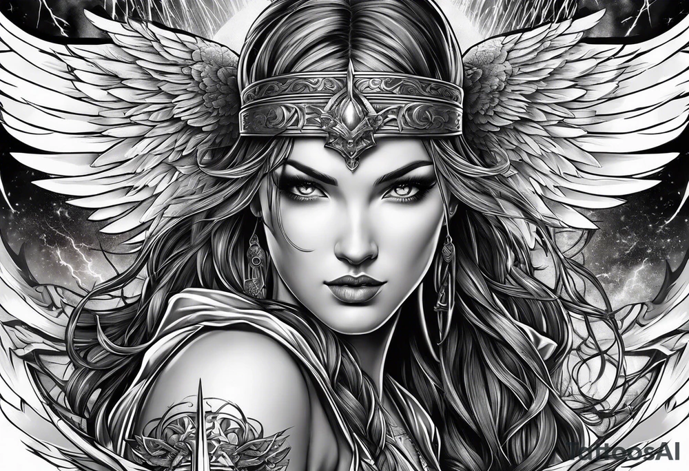 Female angel with sword lightning and lightning eyes tattoo idea