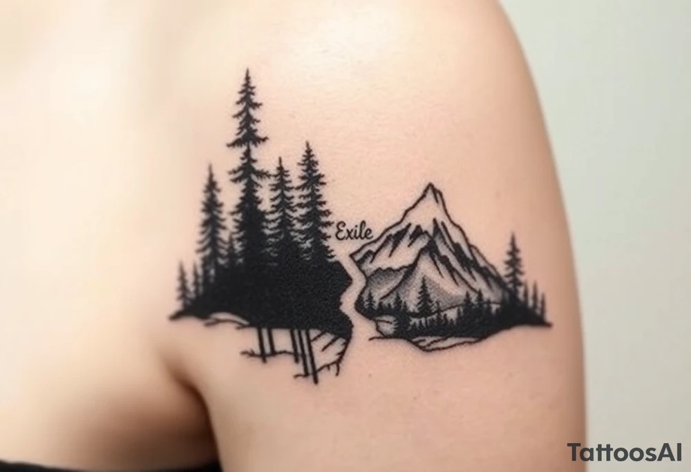 Fractured scene: dark, tangled forest on one side, open mountain range on the other. Split but connected. Word "Exile" added very small and blended in tattoo idea