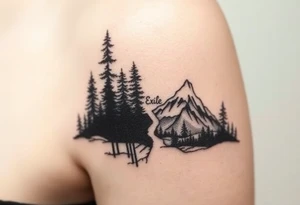 Fractured scene: dark, tangled forest on one side, open mountain range on the other. Split but connected. Word "Exile" added very small and blended in tattoo idea