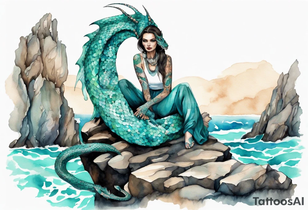 A sea serpent woman hybrid covered in turquois scales sitting on rocks by the ocean tattoo idea