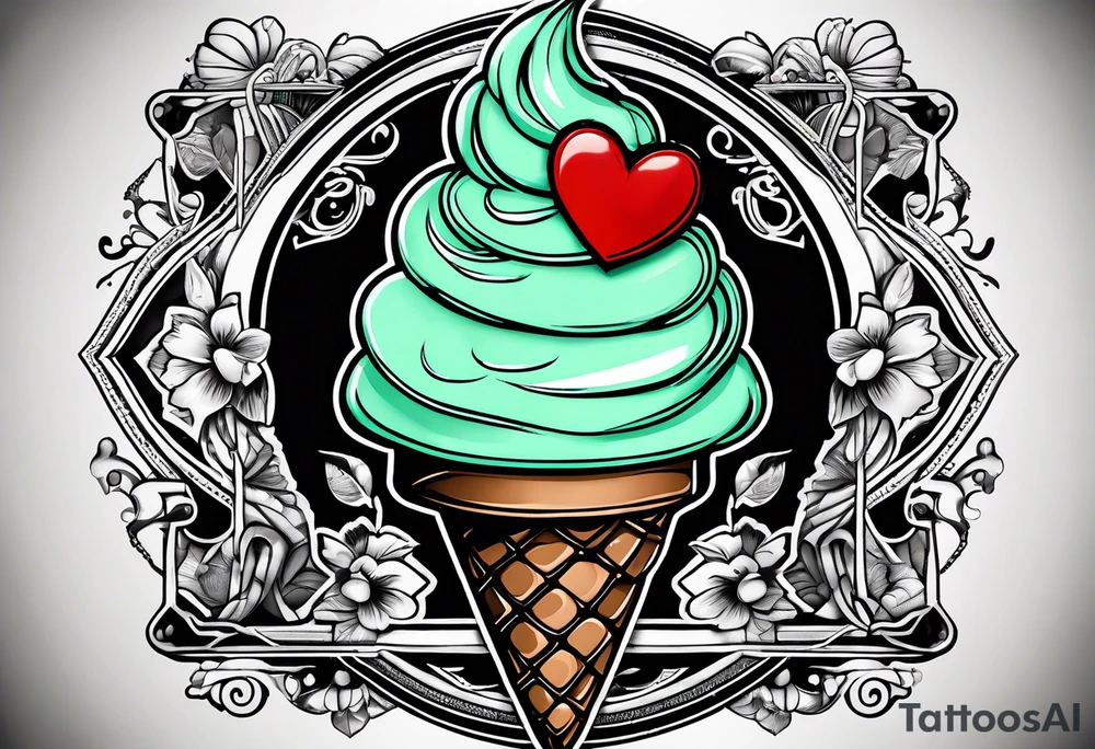 mint chocolate chip ice cream cone with small red heart on it somewhere. tattoo idea