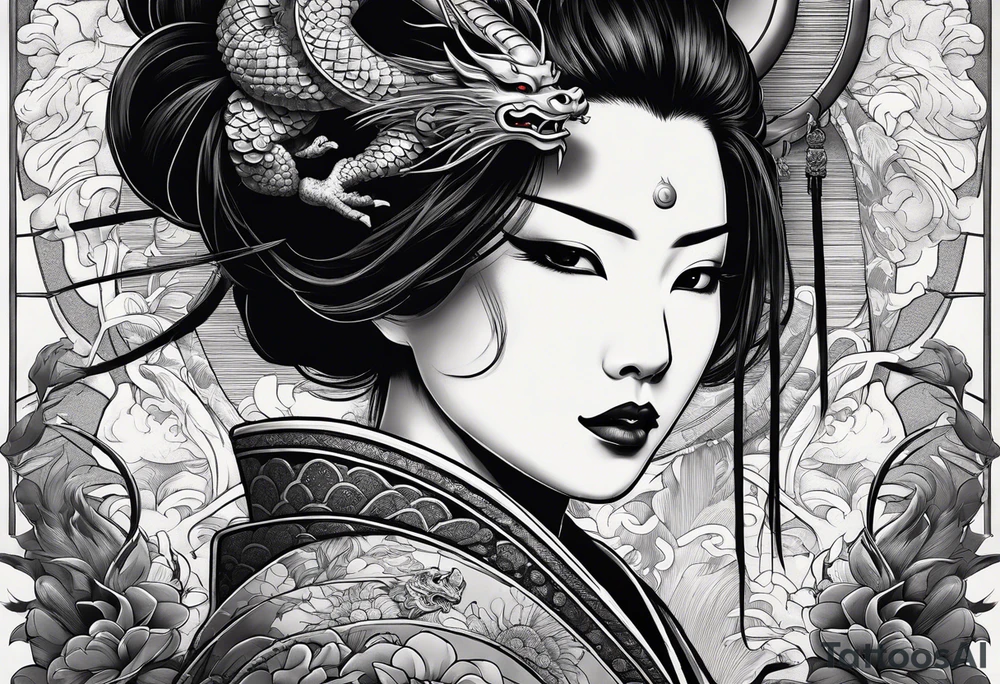 geisha in samurai armor, wearing an odashi in her hand and an oni mask on her belt, with a dragon in the background tattoo idea