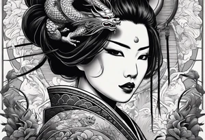 geisha in samurai armor, wearing an odashi in her hand and an oni mask on her belt, with a dragon in the background tattoo idea