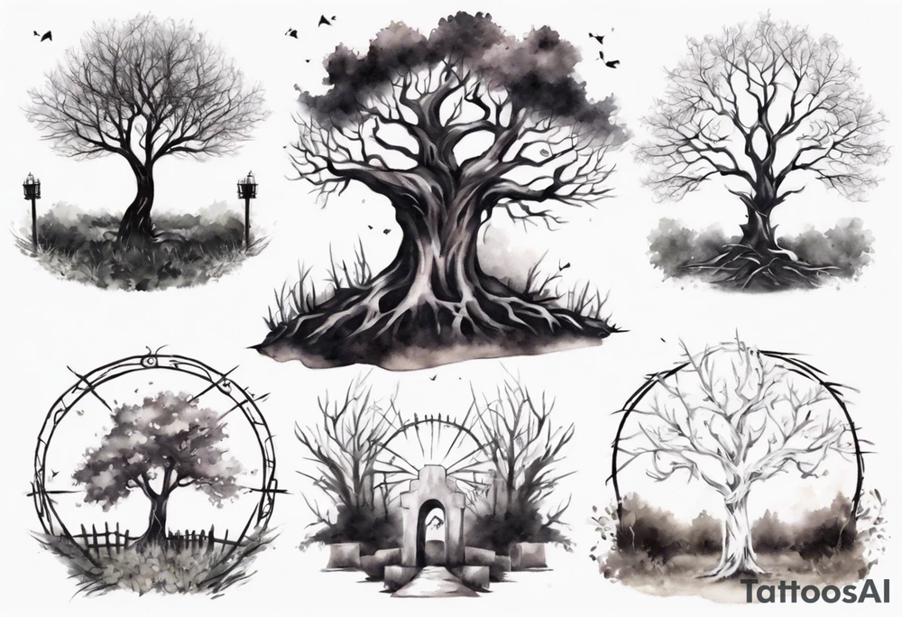 A black tree and a white tree intertwining in a field with a fence and headstones tattoo idea