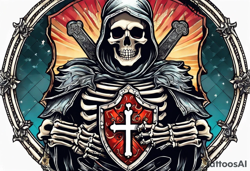 skeleton holding a shield with a cross on it tattoo idea
