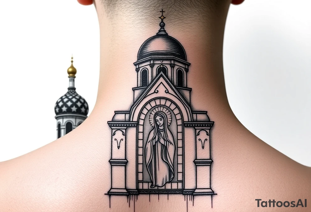 medium sized Russian orthodox church with bulb domes with a prominent russian orthodox mosaic virgin mary tattoo idea