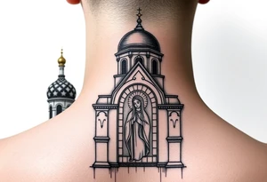 medium sized Russian orthodox church with bulb domes with a prominent russian orthodox mosaic virgin mary tattoo idea