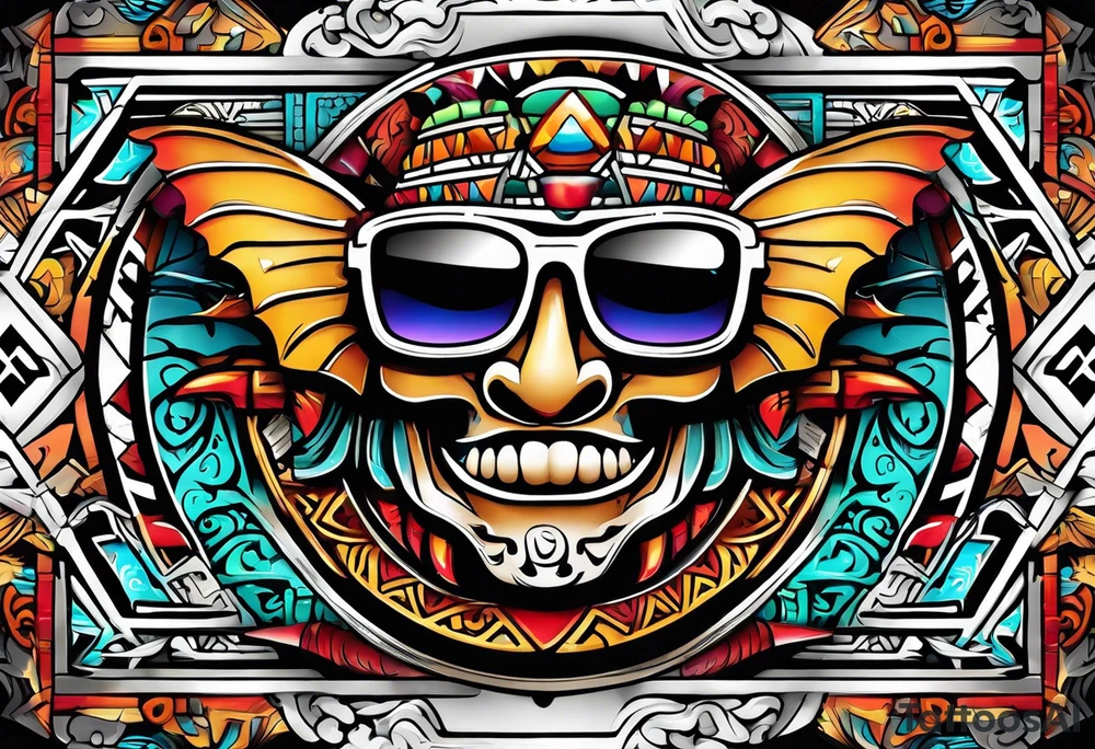Colorful Mayan hieroglyph wearing sunglasses with bats and water tattoo idea