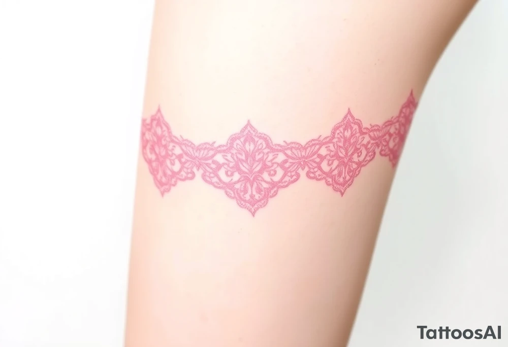 An elegant pink lace garter tattoo with subtle silver embroidery, giving a timeless and ethereal bridal look. tattoo idea