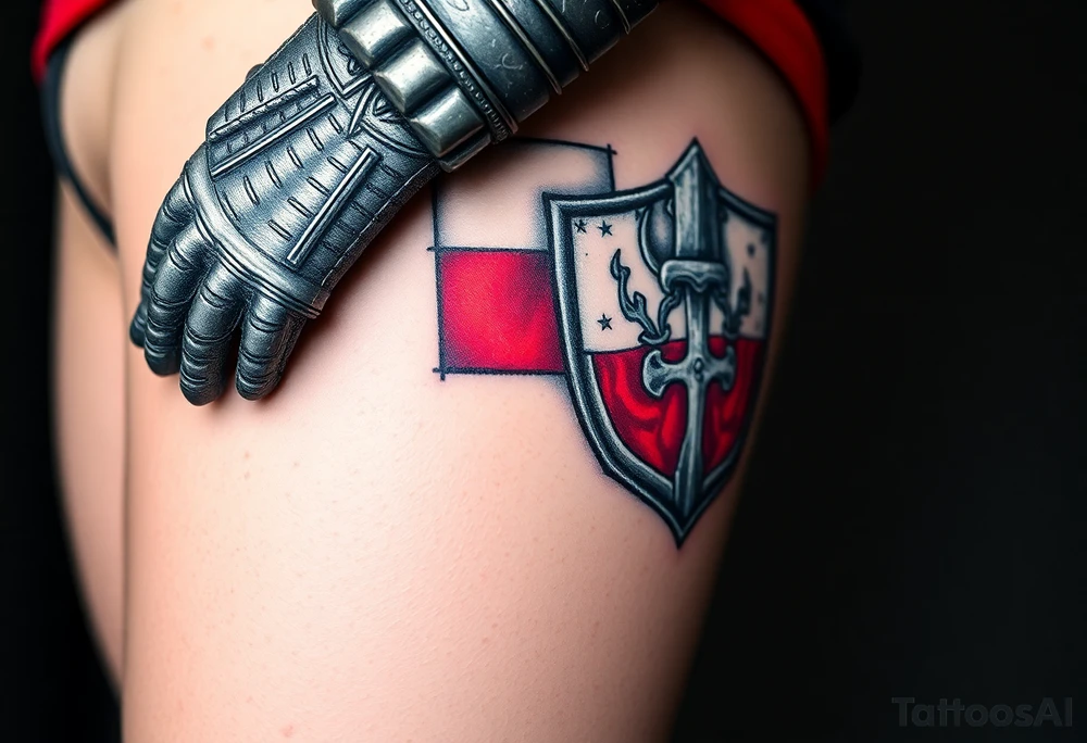 A knight in medieval armor holding a Czech flag, inspired by Hussite warriors, with battle-worn silver and red tones. tattoo idea