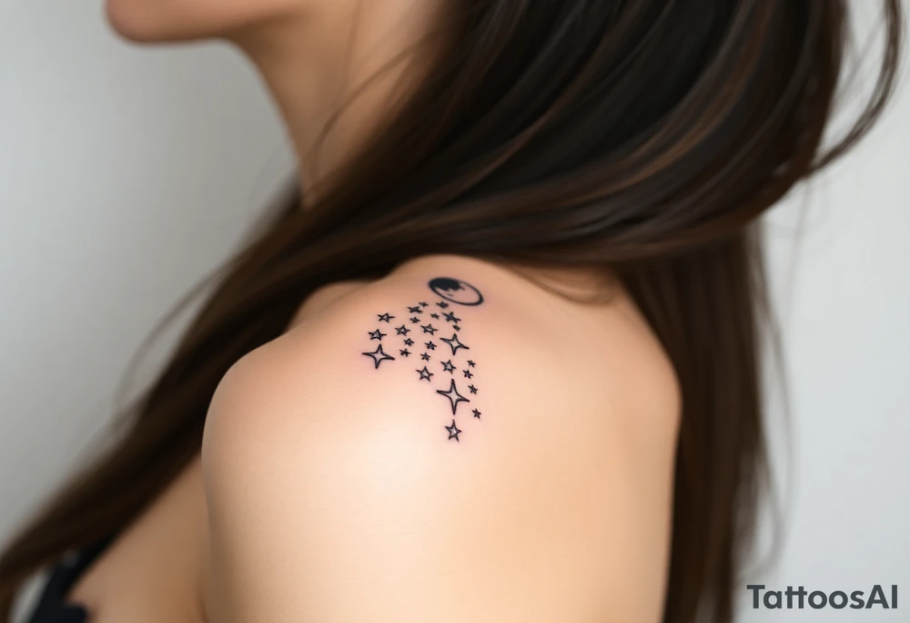 Cascade of stars with moon tattoo idea