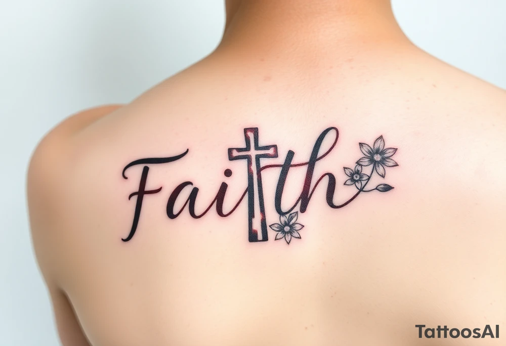 Smaller tattoo with the word faith in brown a cross for the t and waterfall flowers for April twins tattoo idea